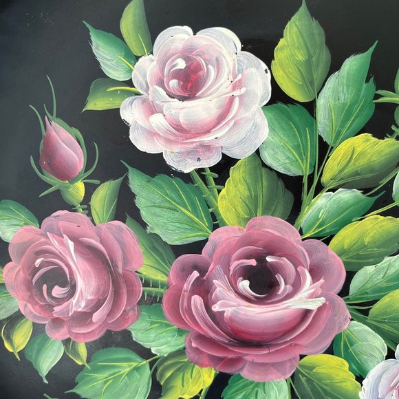 Vintage Pilgrim Art Tole Ware Metal Tray With Handles // Handpainted Roses 15.5" - Picture 3 of 10